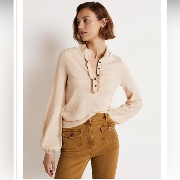 NWT Boden Ruffle Button Front Merino Wool Sweater Heathered Oatmeal Size 10 - Picture 2 of 13